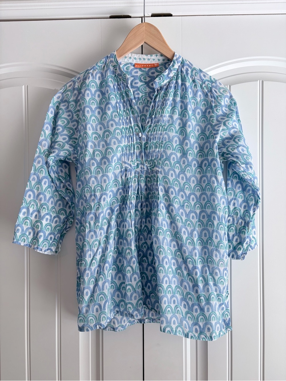 Oliphant Blue Teal White Rainbow Women's Sheer Tunic Top Size M 3/4 Sleeve